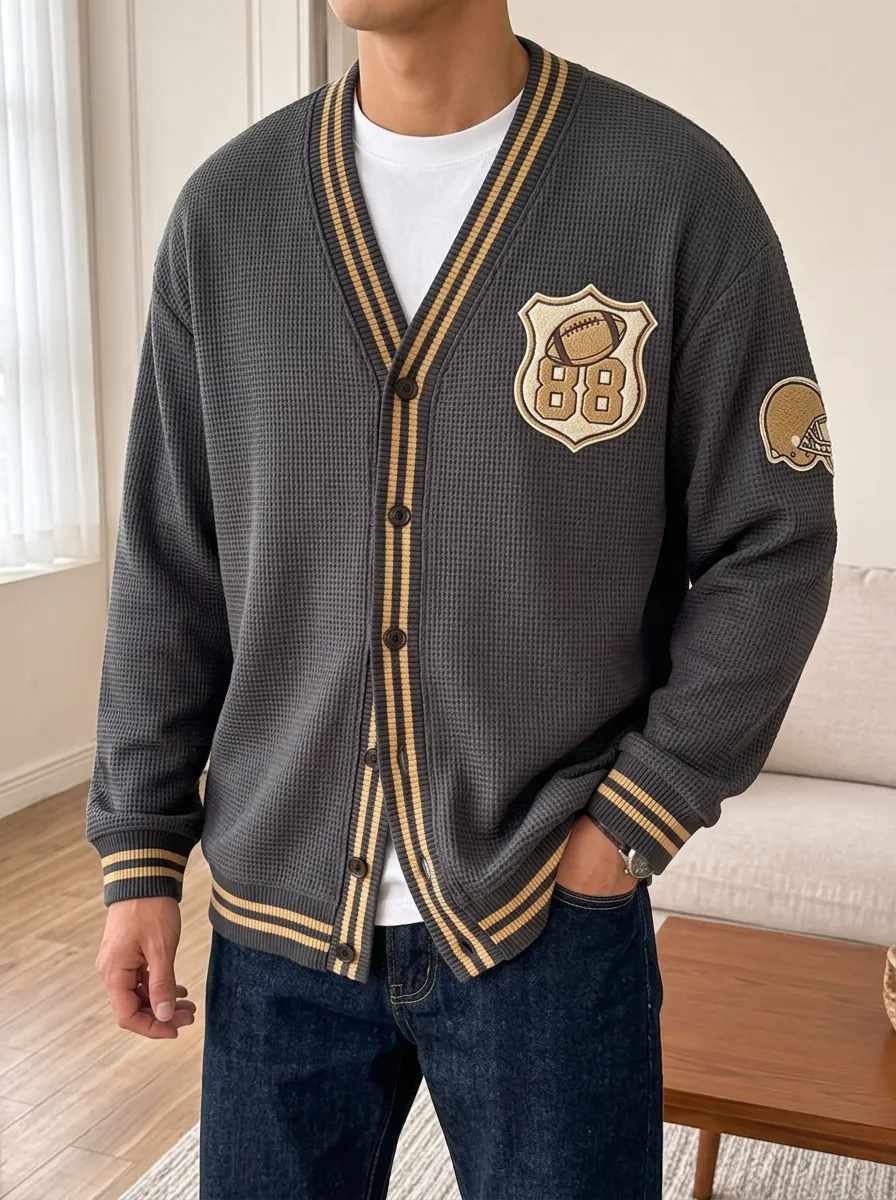 Men's American Football Fan 88 Shield Patch Waffle Knit Cardigan