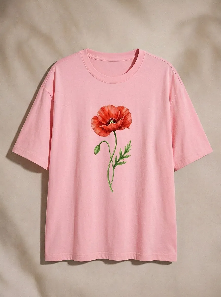 Unisex Botanical Flower Lover Red Poppy Printed T-shirt