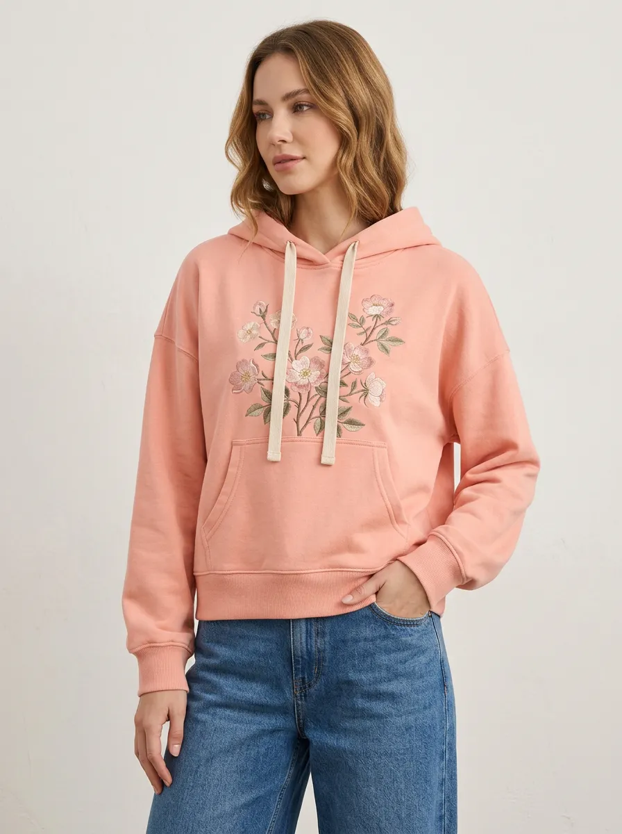 Women's Floral Lover Pink Blossom Embroidered Printed Hoodie