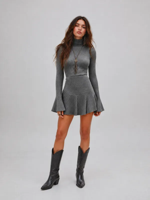 Ribbed Knit Turtleneck Flare Sleeve Mini Sweater Dress