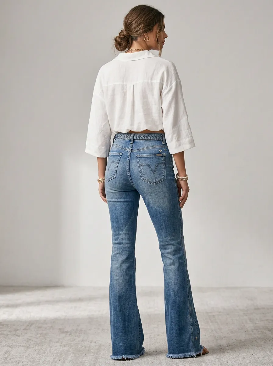 Women's Vintage Style Star Studded Frayed Hem Printed Jeans