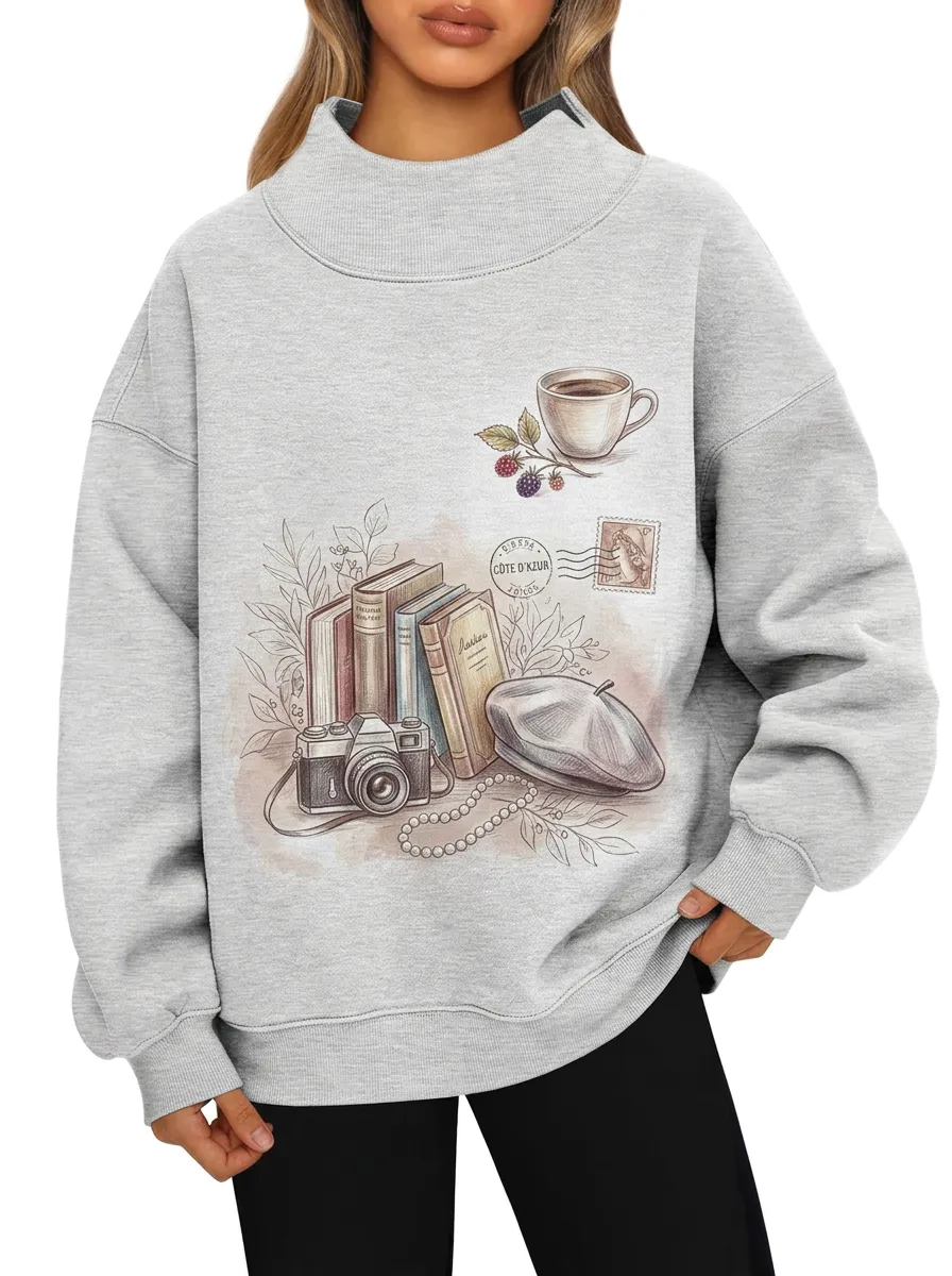 Women's Vintage Aesthetic Books Camera Beret Printed Sweatshirt