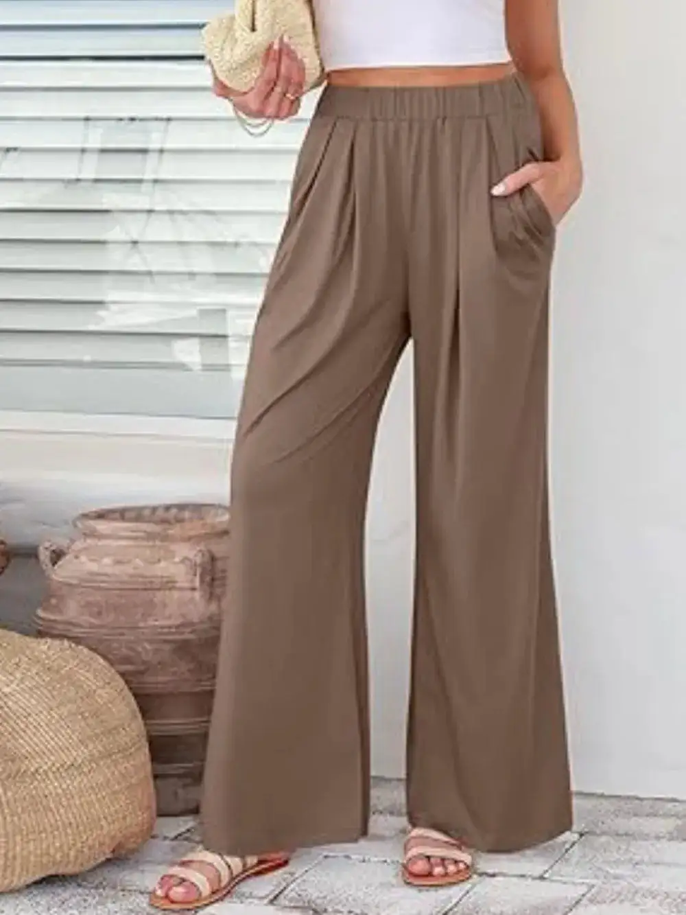 Wide Leg Elastic Waist Pocketed Everyday Pants