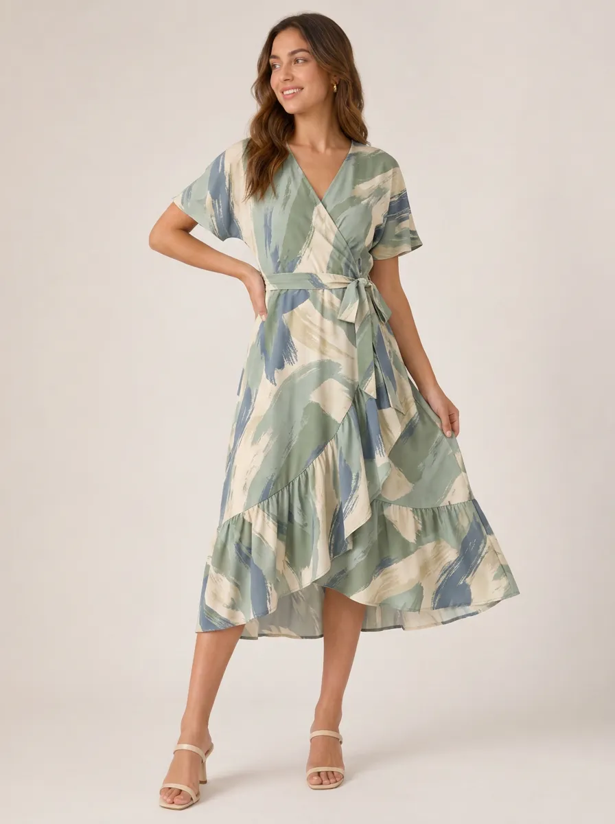 Women's Abstract Brushstroke Pattern Wrap Dress
