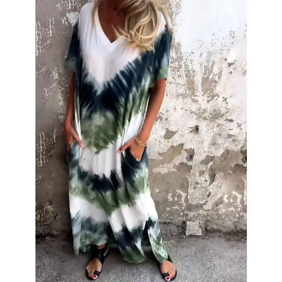 Full Size Tie-Dye V-Neck Midi Dress with Pockets Plus Size