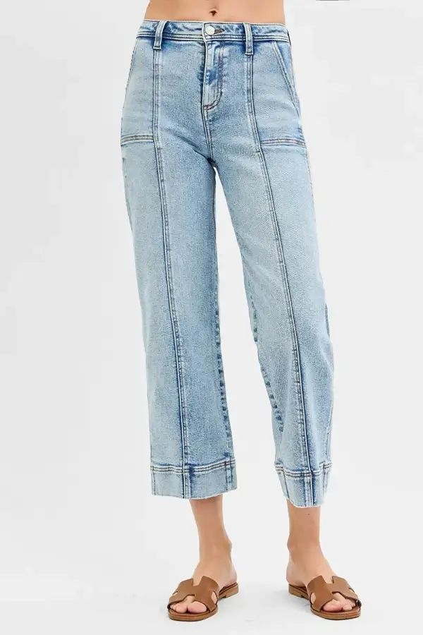 Full Size High Rise Crop Wide Front Seam Detailed Jeans Plus Size
