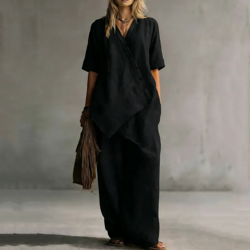 ⌛Limited-Time Offer-Women's Asymmetrical Top & Wide-Leg Pants Set