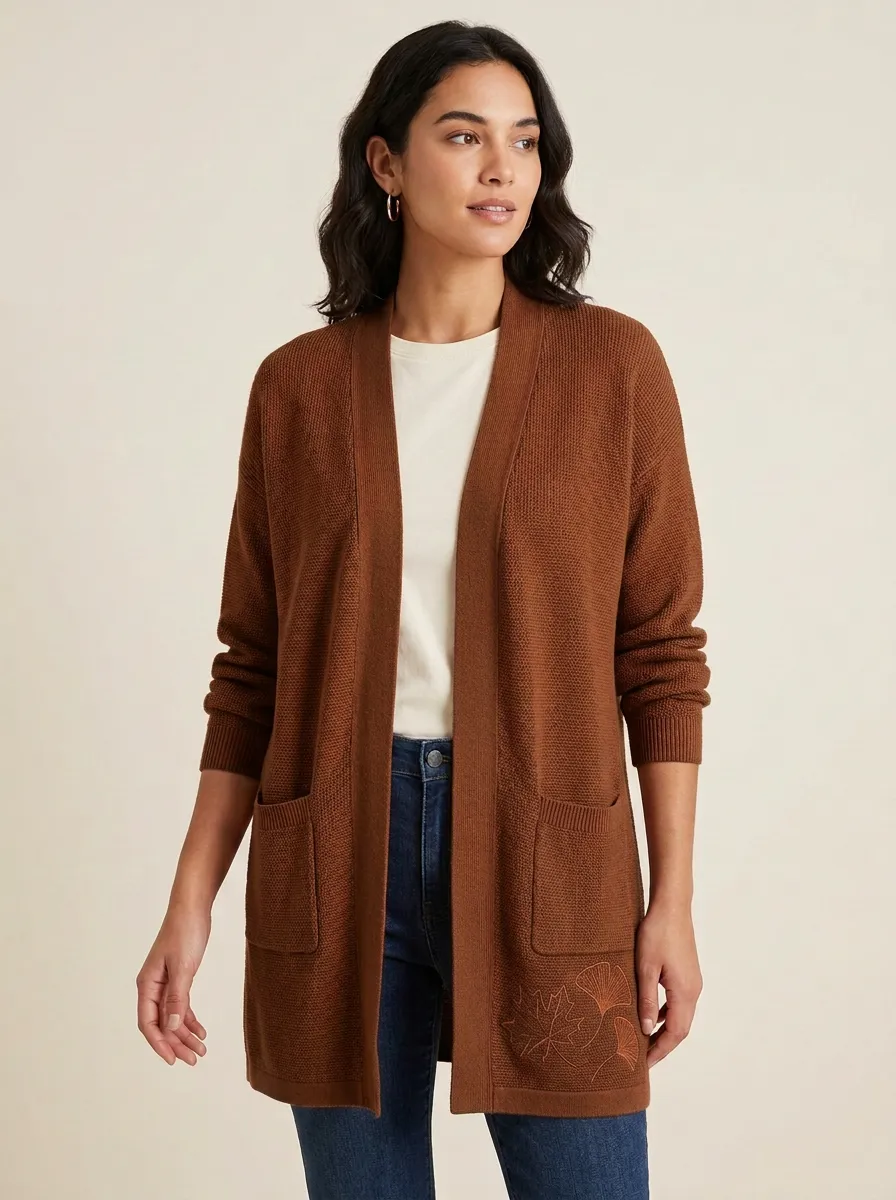 Maple-Leaf Embroidered Leaf-Motif Knit Cardigan