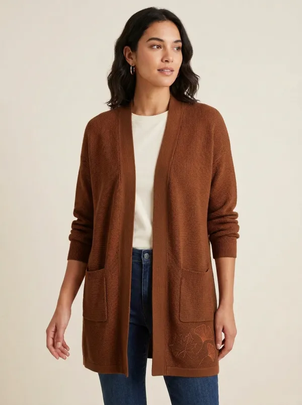 Maple-Leaf Embroidered Leaf-Motif Knit Cardigan