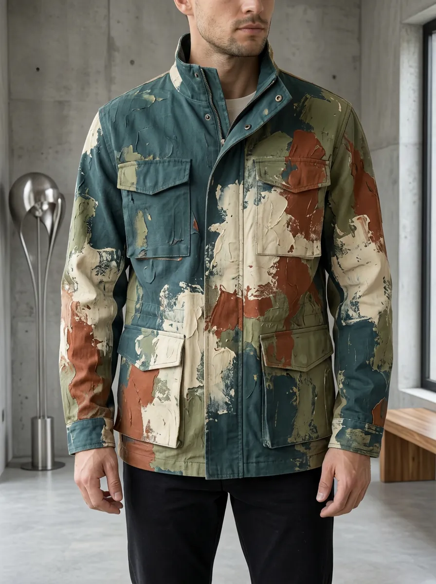 Men's Abstract Paint Splatter Camo Printed Field Jacket