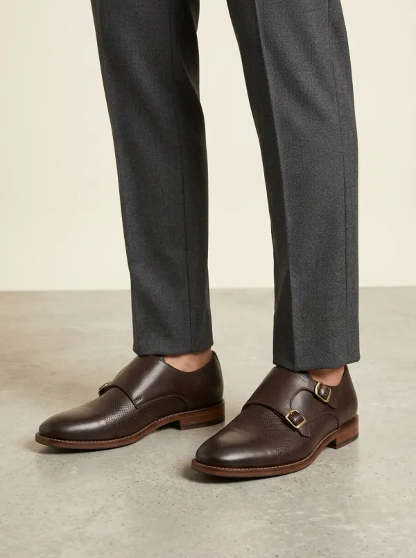 Men's Streamlined Business Formal Textured Double Monk Strap Leather Shoes