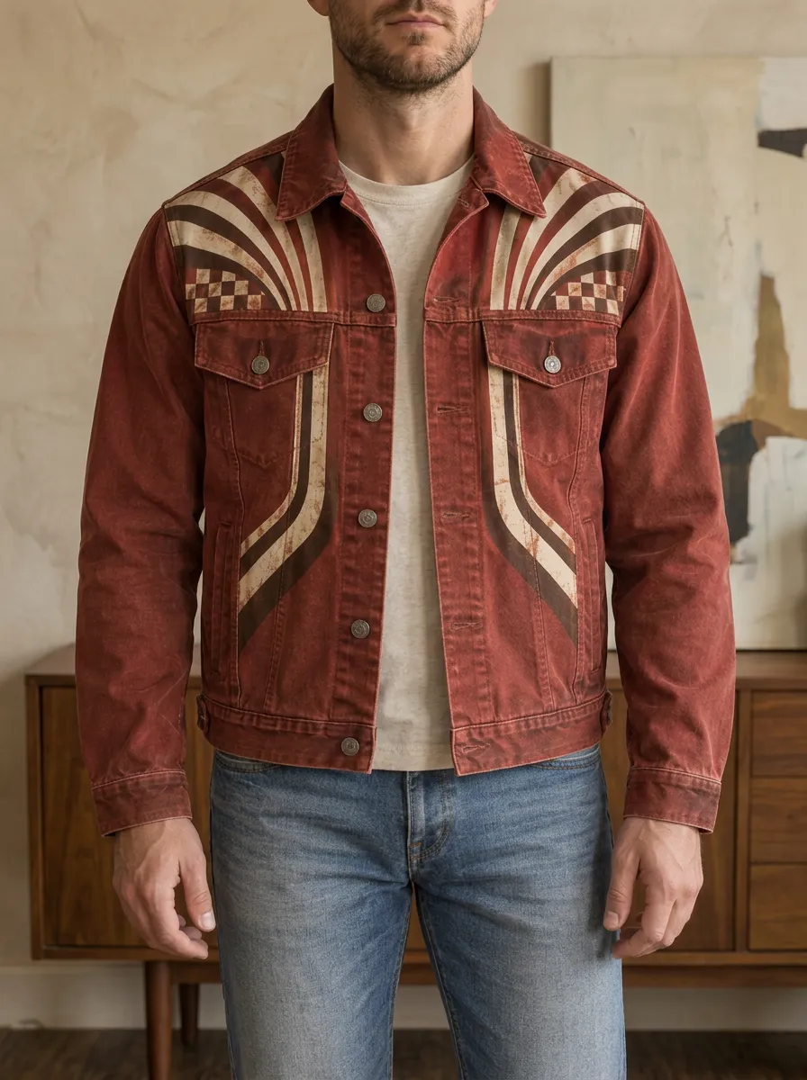 Men's Vintage Retro Racing Checkerboard Printed Denim Jacket