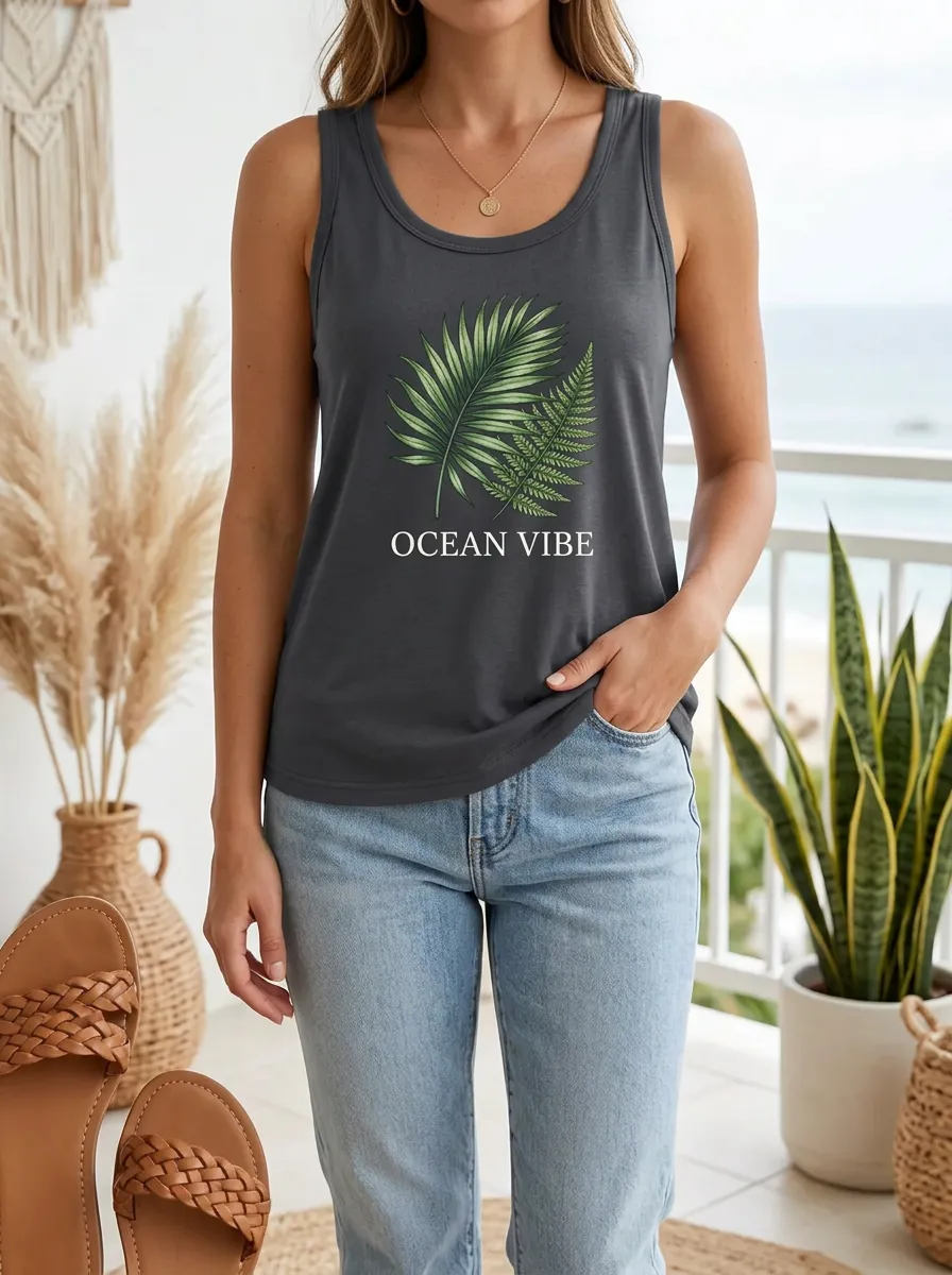 Women's Beach Lover Ocean Vibe Tropical Palm Leaf Printed Tank Top