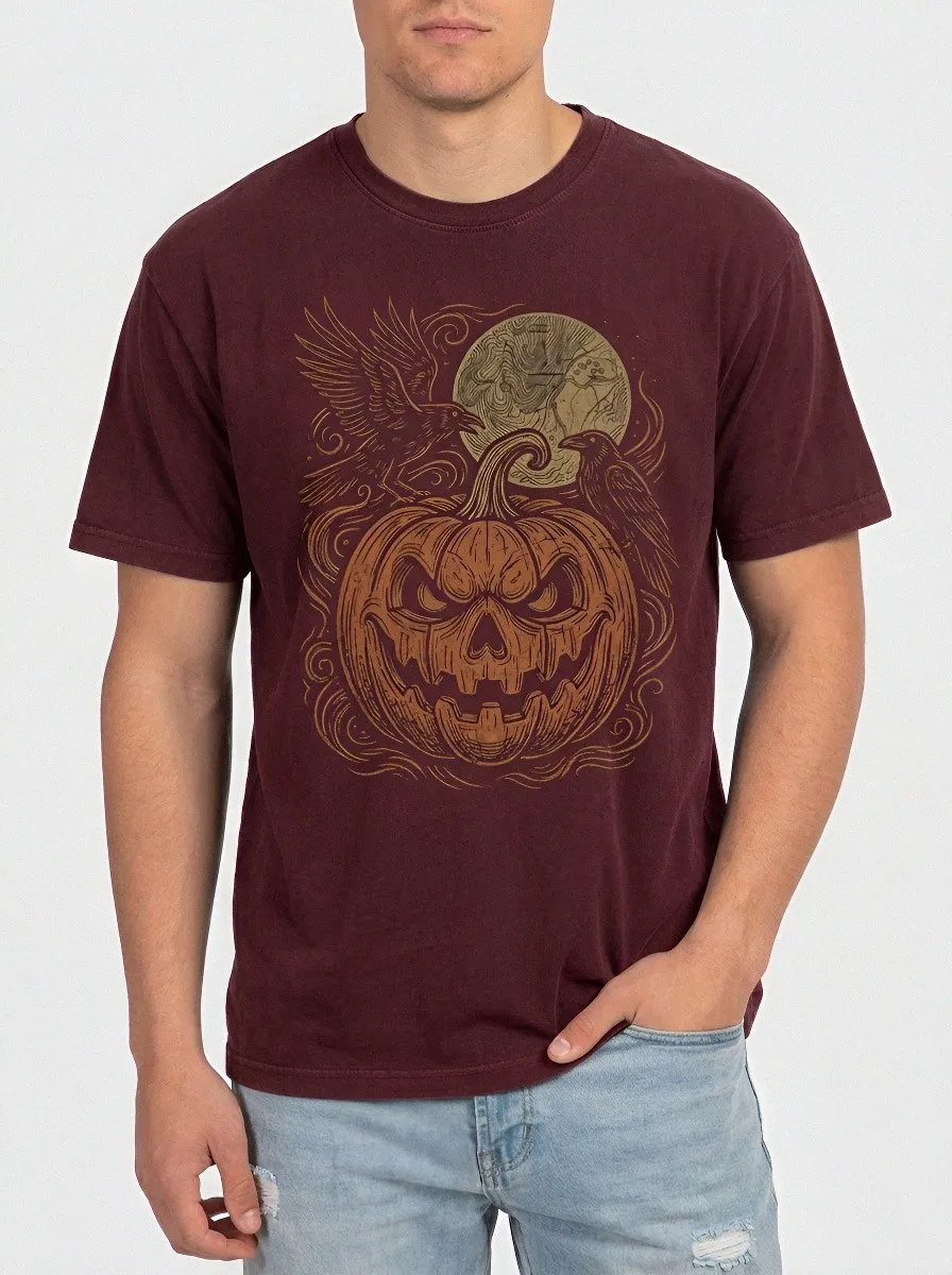 Men's Halloween Spooky Pumpkin Raven Moon Printed T-shirt
