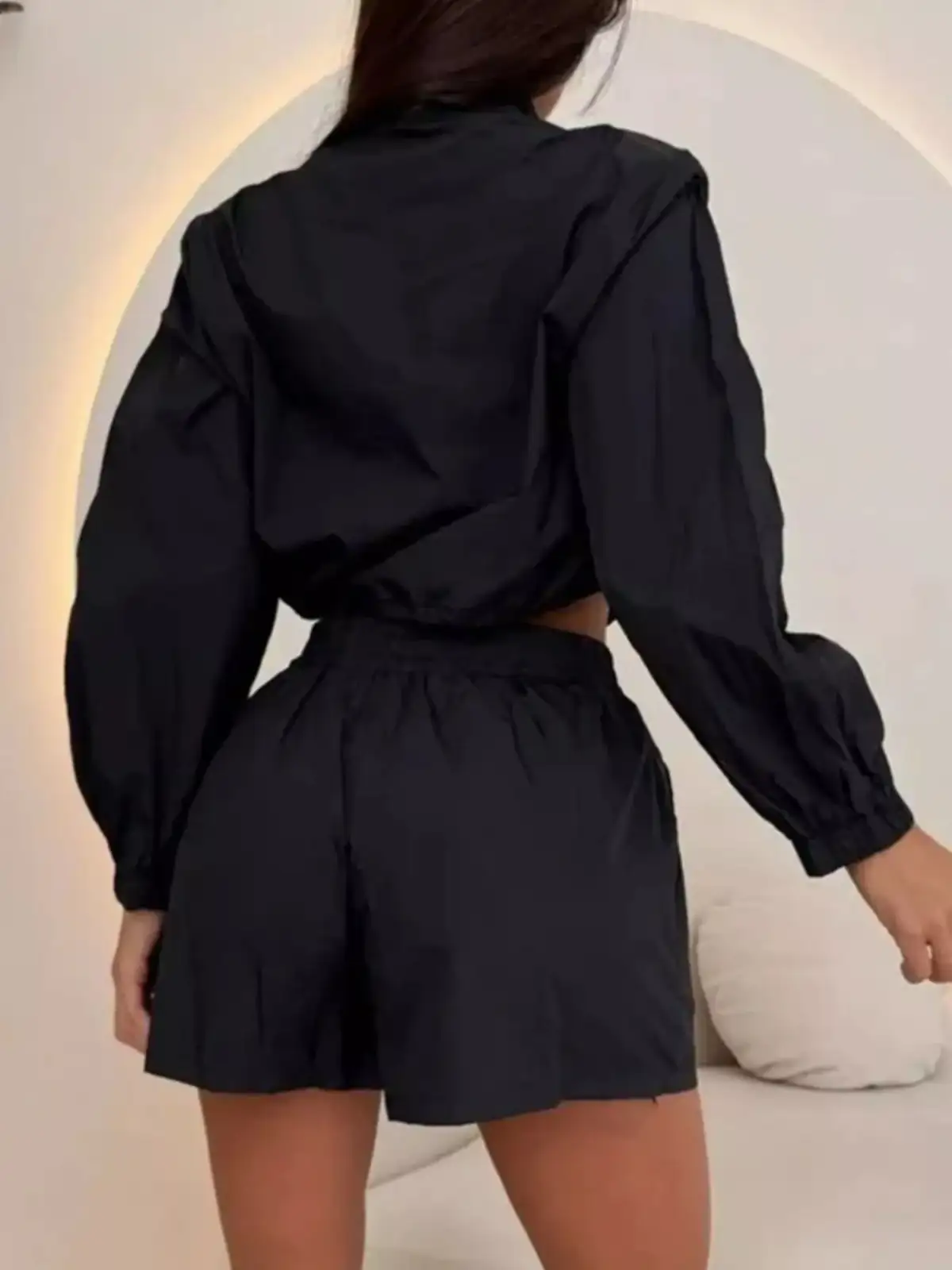 Relaxed Drawstring Zip-Detail Pocketed Top and Shorts Matching Set
