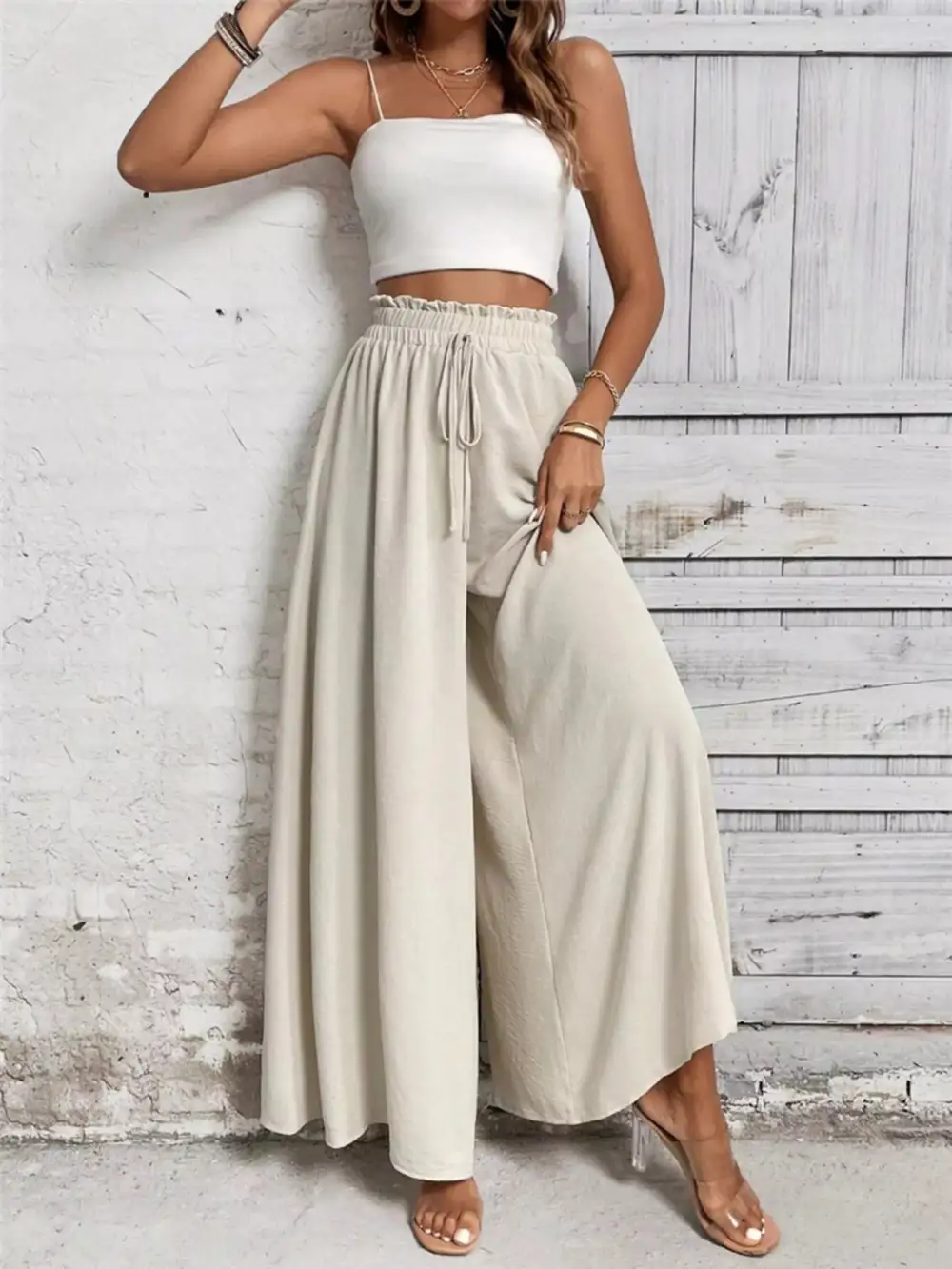Wide Leg Ruffle Detail Casual Everyday Pants
