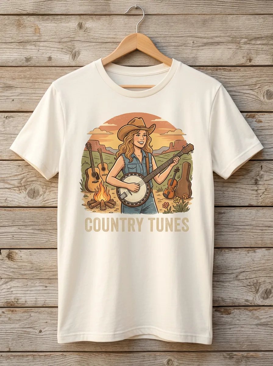 Backroad Country Music Banjo Cowgirl Crew Neck T-Shirt