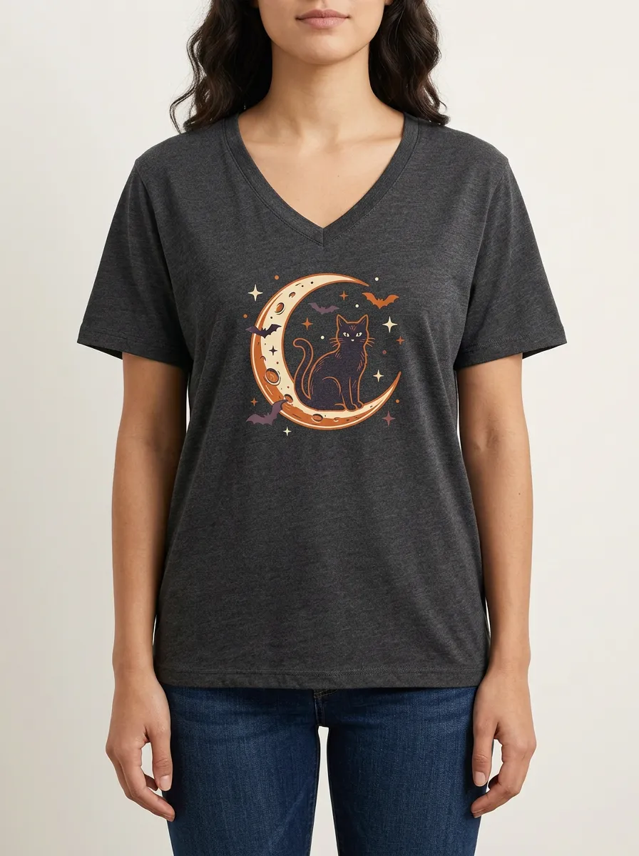 Women's Halloween Cat Moon Bats Printed V-neck T-shirt