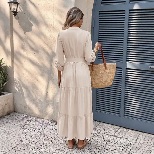 Women's V-Neck Long-Sleeve Ruffled Evening Maxi Dress
