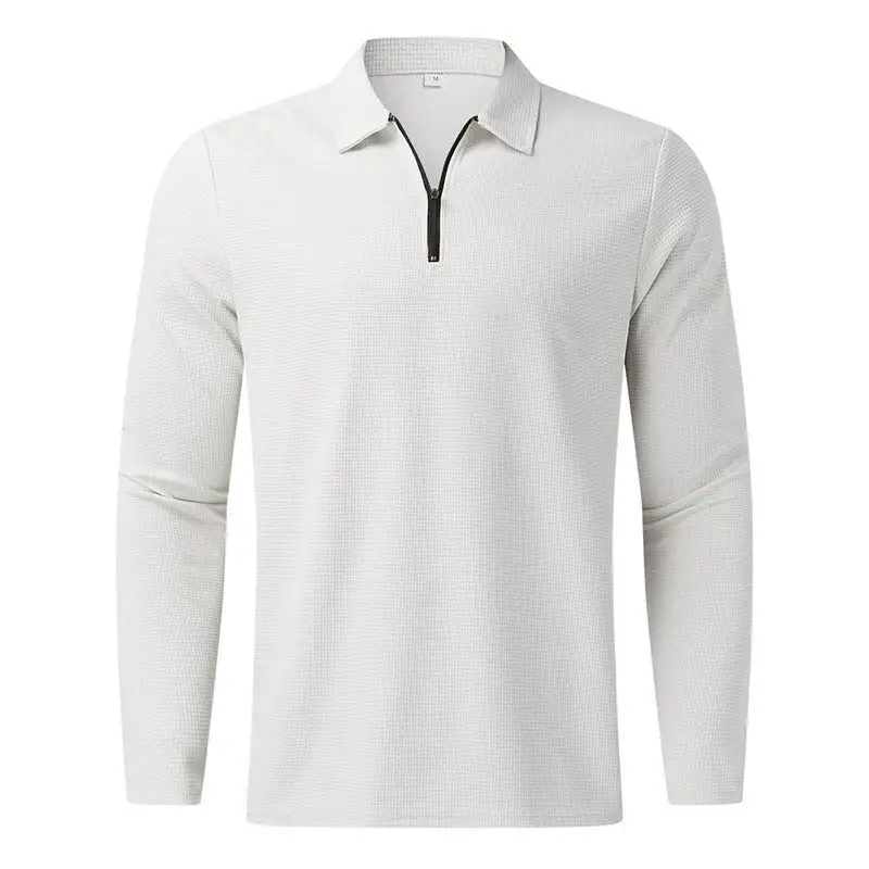 Waffle Texture Spread Collar Long Sleeve Polo Shirt