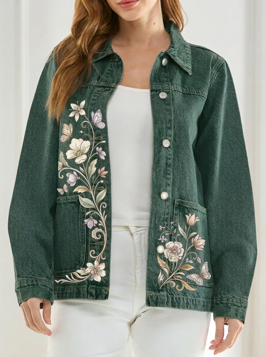 Women's Floral Butterfly Nature Lover Printed Denim Jacket