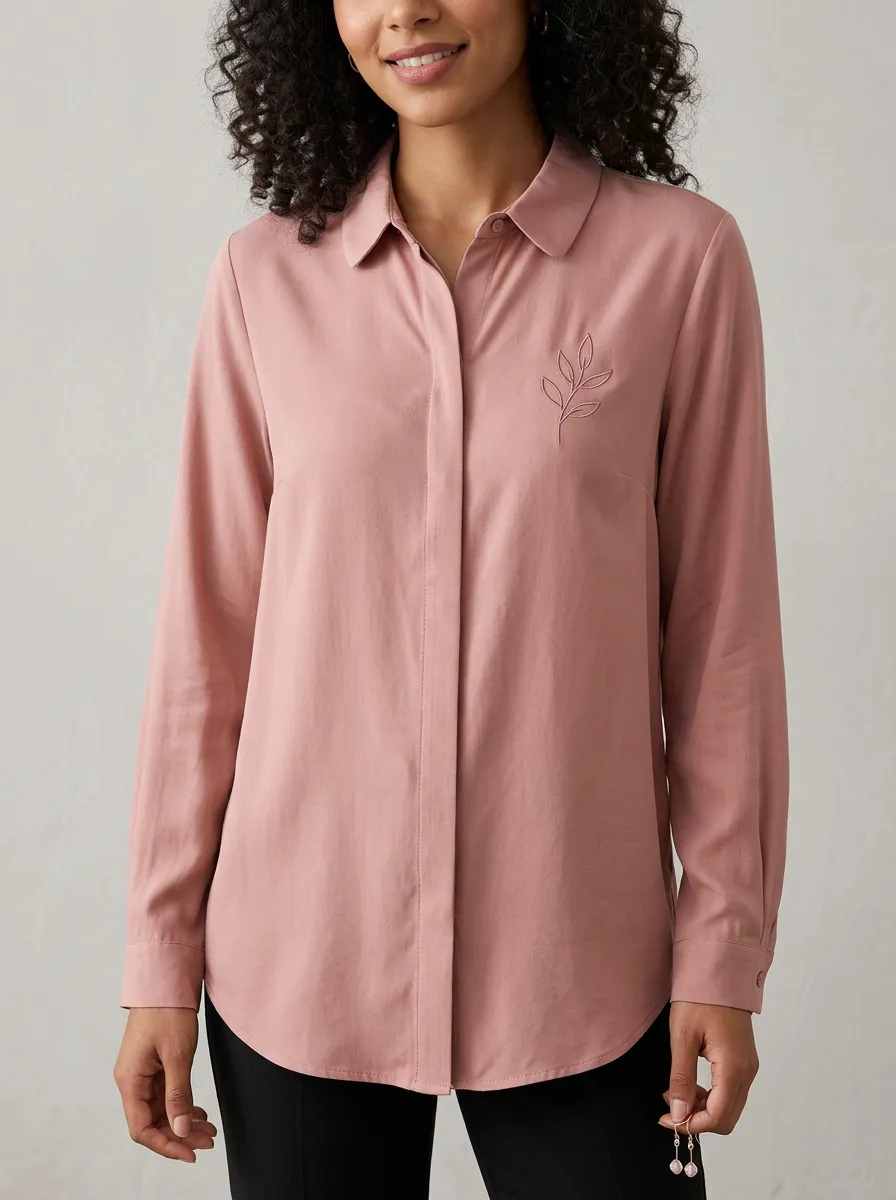 Women's Minimalist Leaf Botanical Embroidered Pink Button-Down Shirt