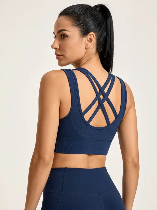 Women's Strappy Cross Back Sports Bra with Printed Solid Color Detail