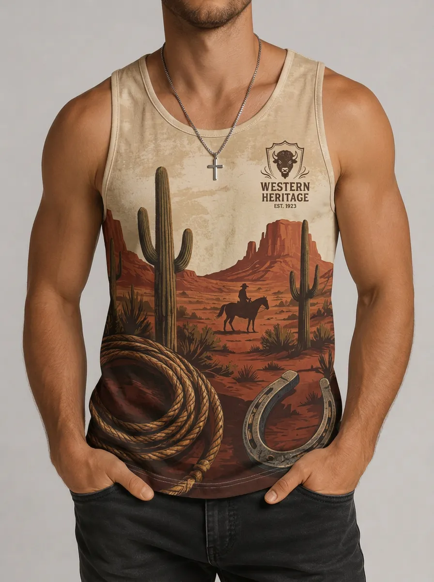 Men's Western Heritage Cowboy Cactus Printed Tank Top