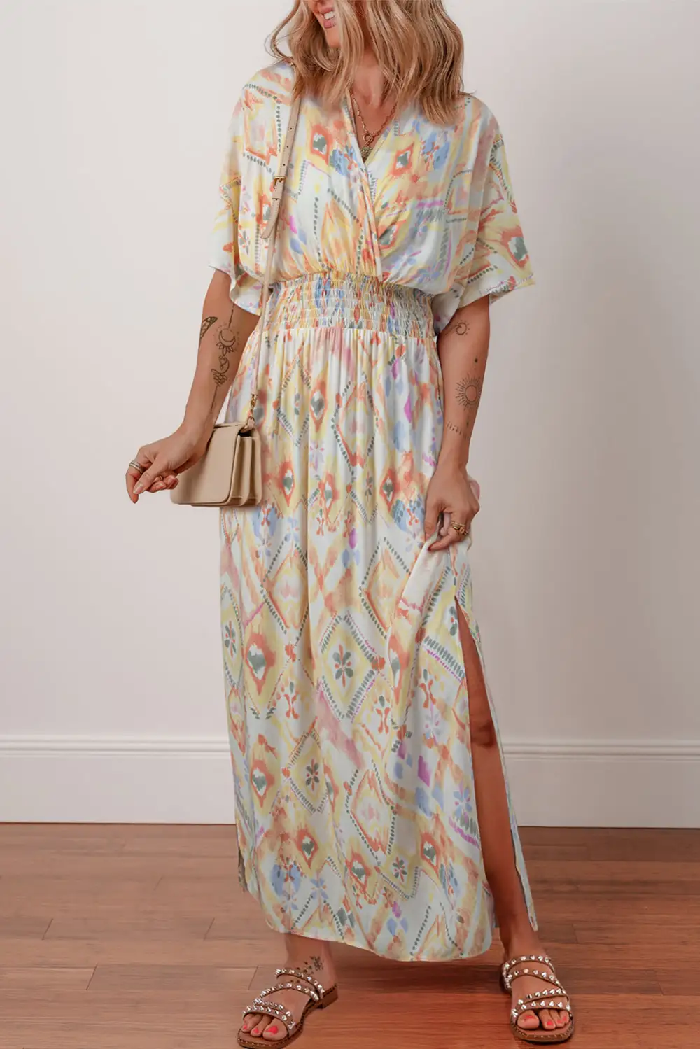 Multicolour Geometric Print Half Sleeve Shirred High Waist Maxi