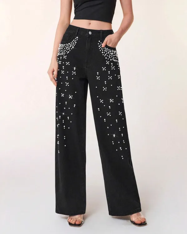 Beaded Relaxed Straight-Leg Jeans