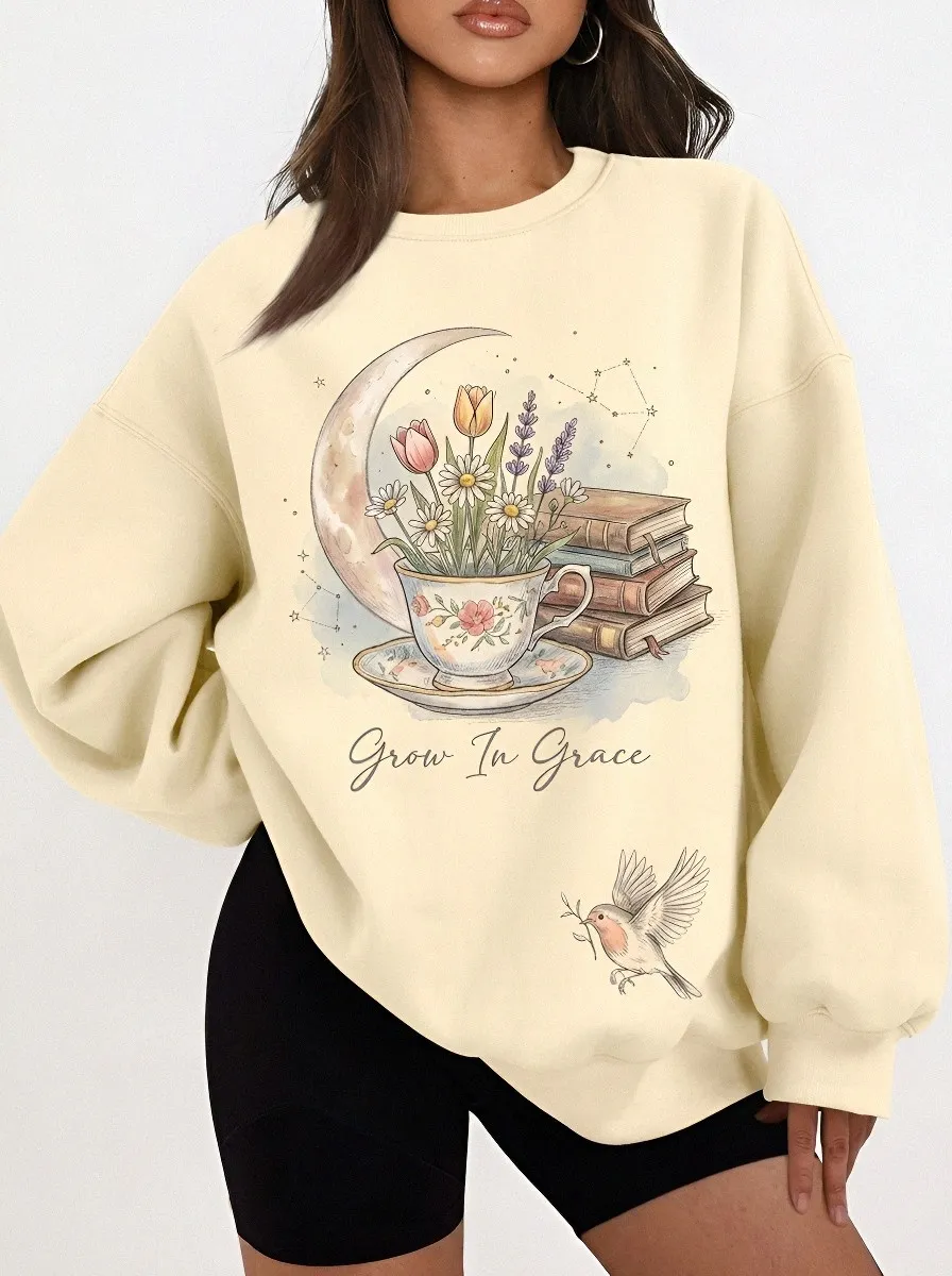 Women's Book Lover Floral Teacup Moon Printed Sweatshirt