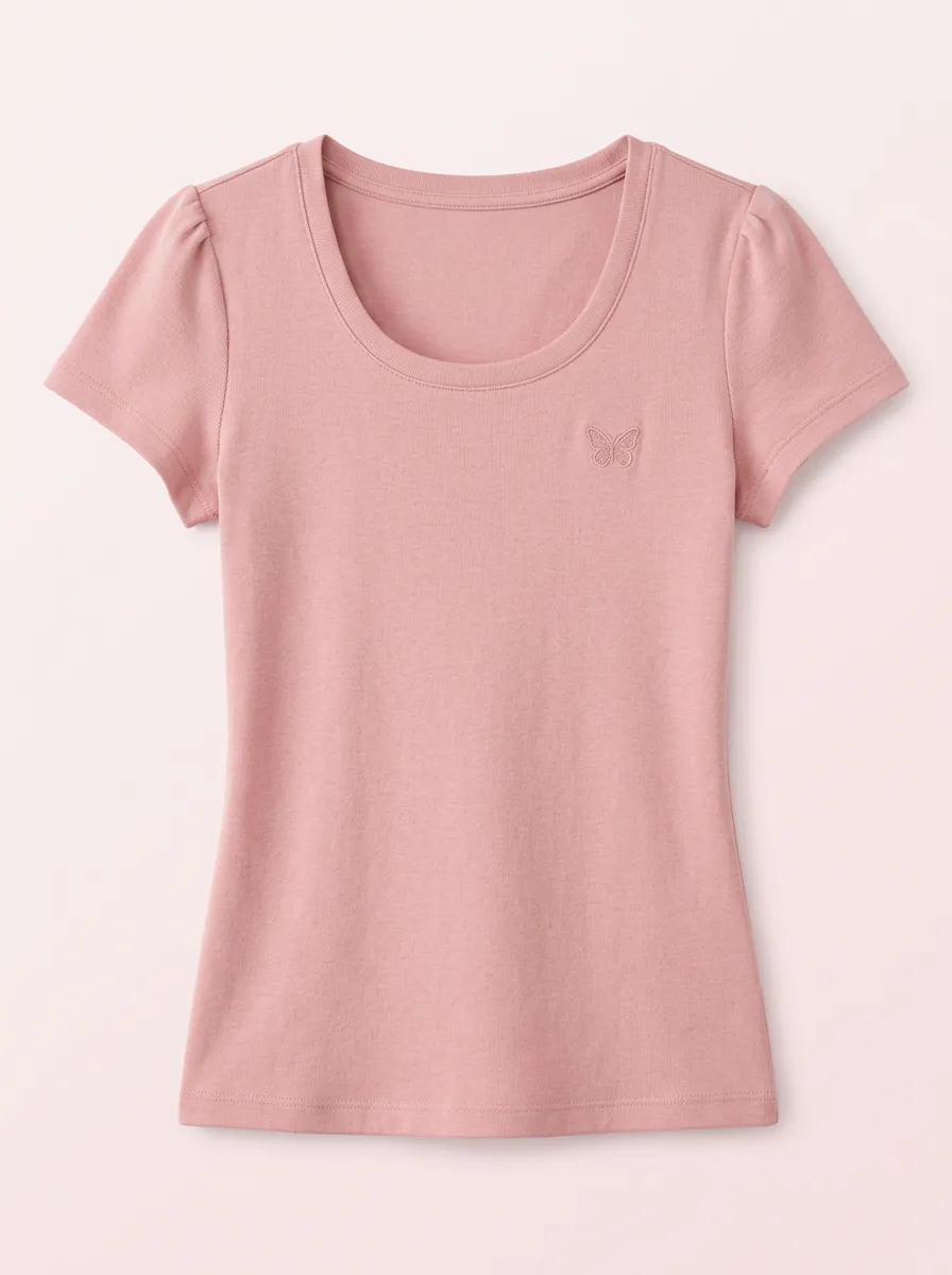 Women's Pink Butterfly Embroidered Puff Sleeve T-shirt