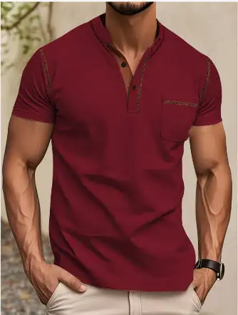 Men's Modern Short-Sleeve Henley With Stand Collar Contrast Stitching And Patch Chest Pocket