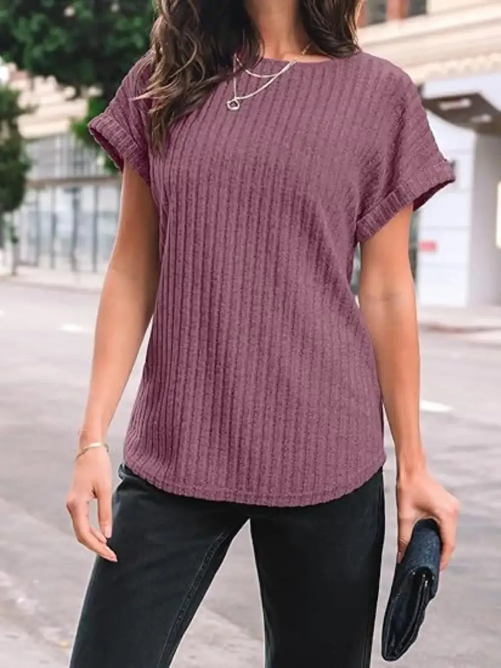 Casual Ribbed Knit Short Sleeve T Shirt
