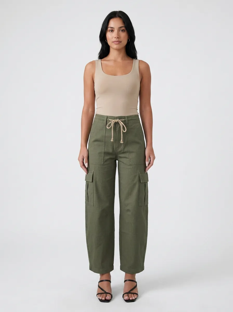 Women's Casual Olive Green Drawstring Utility Cargo Pants