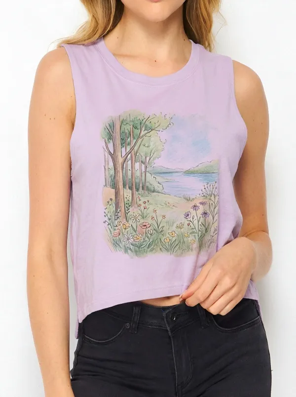 Women's Nature Lover Forest Lake Floral Printed Crop Tank Top