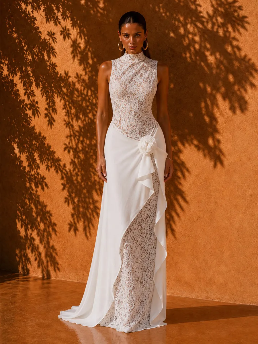 Paisley Floral Lace and Mesh Maxi Dress