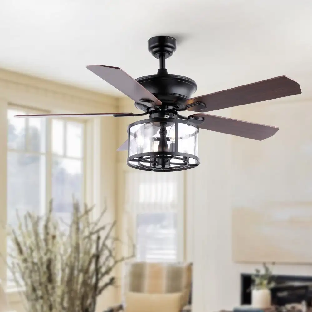 Four-Light Farmhouse Industrial Iron Drum Shade LED Ceiling Fan With Remote