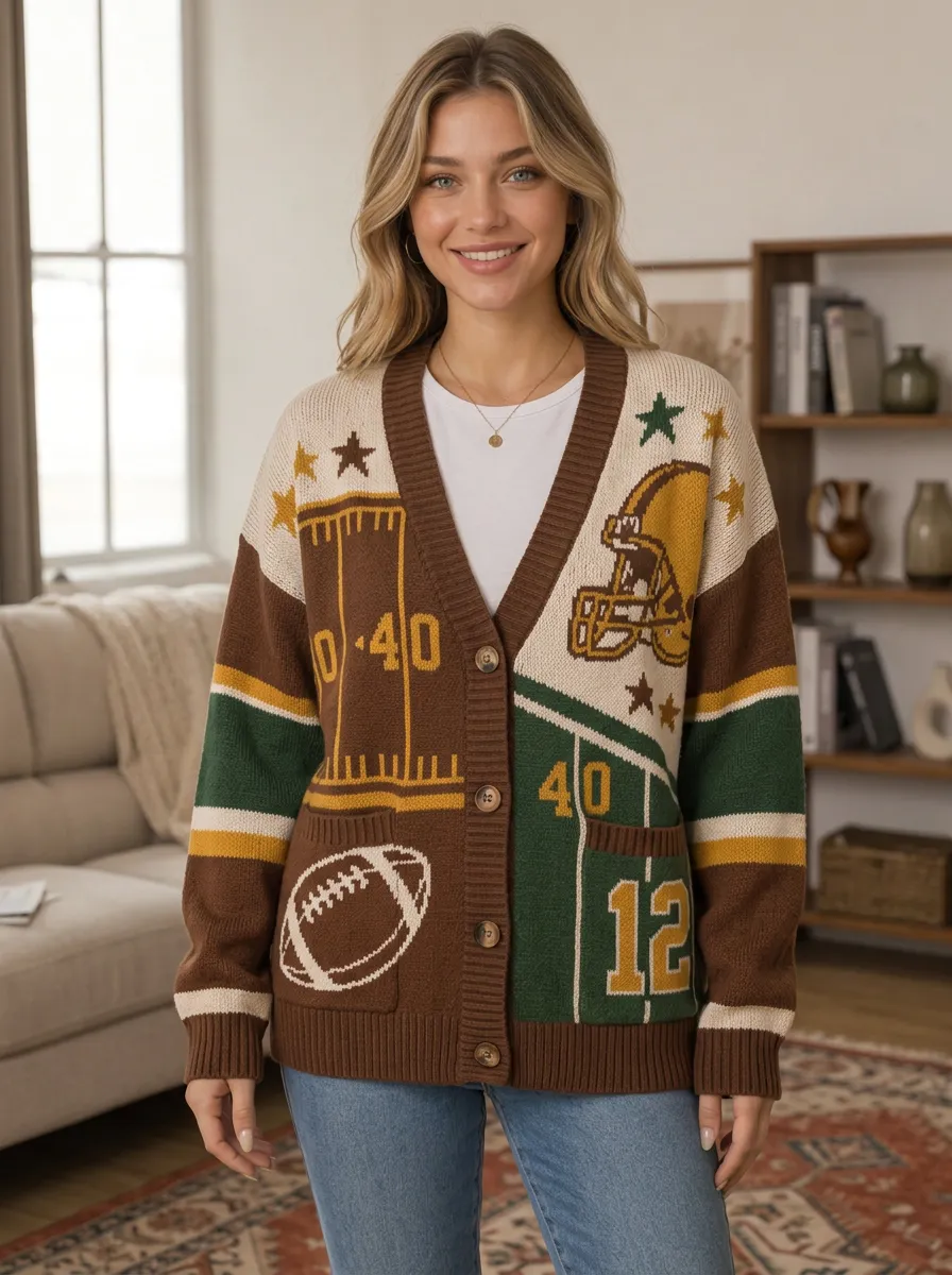 Women's Casual Gridiron Helmet Ball Knit Cardigan