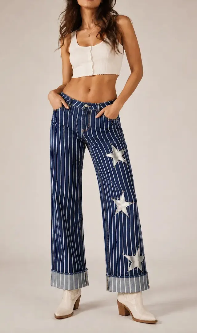 Low Rise Wide Leg Cuffed Western Style Denim Jeans
