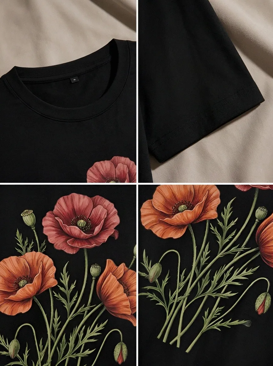 Unisex Botanical Nature Lover Red Poppy Flower Printed T-shirt