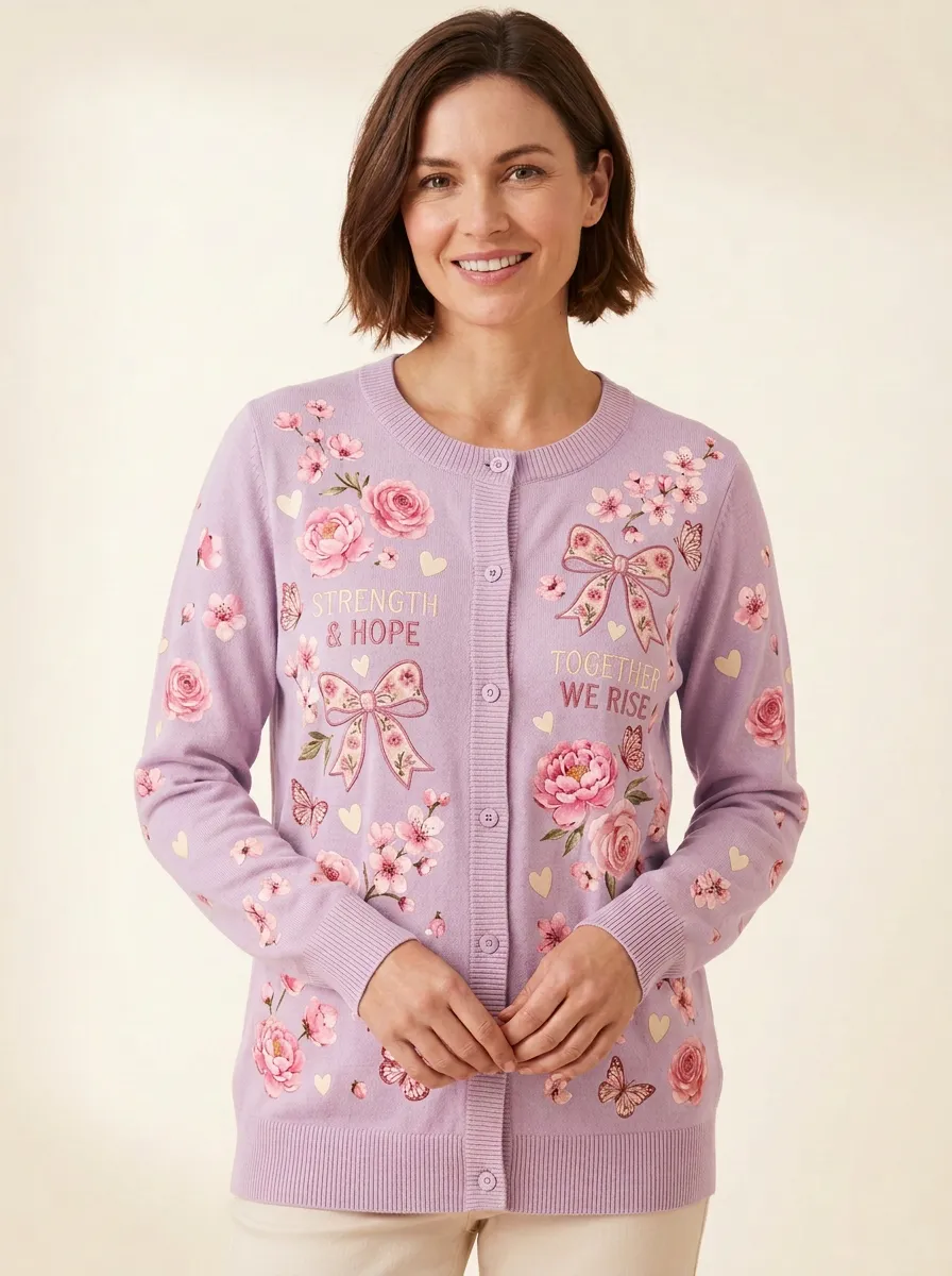 Women's Breast Cancer Awareness Floral Bow Printed Cardigan