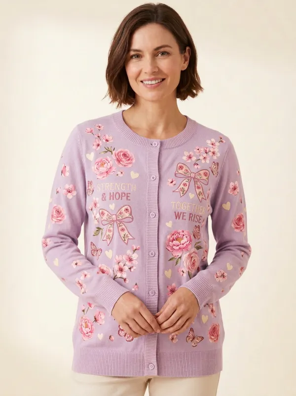 Women's Breast Cancer Awareness Floral Bow Printed Cardigan