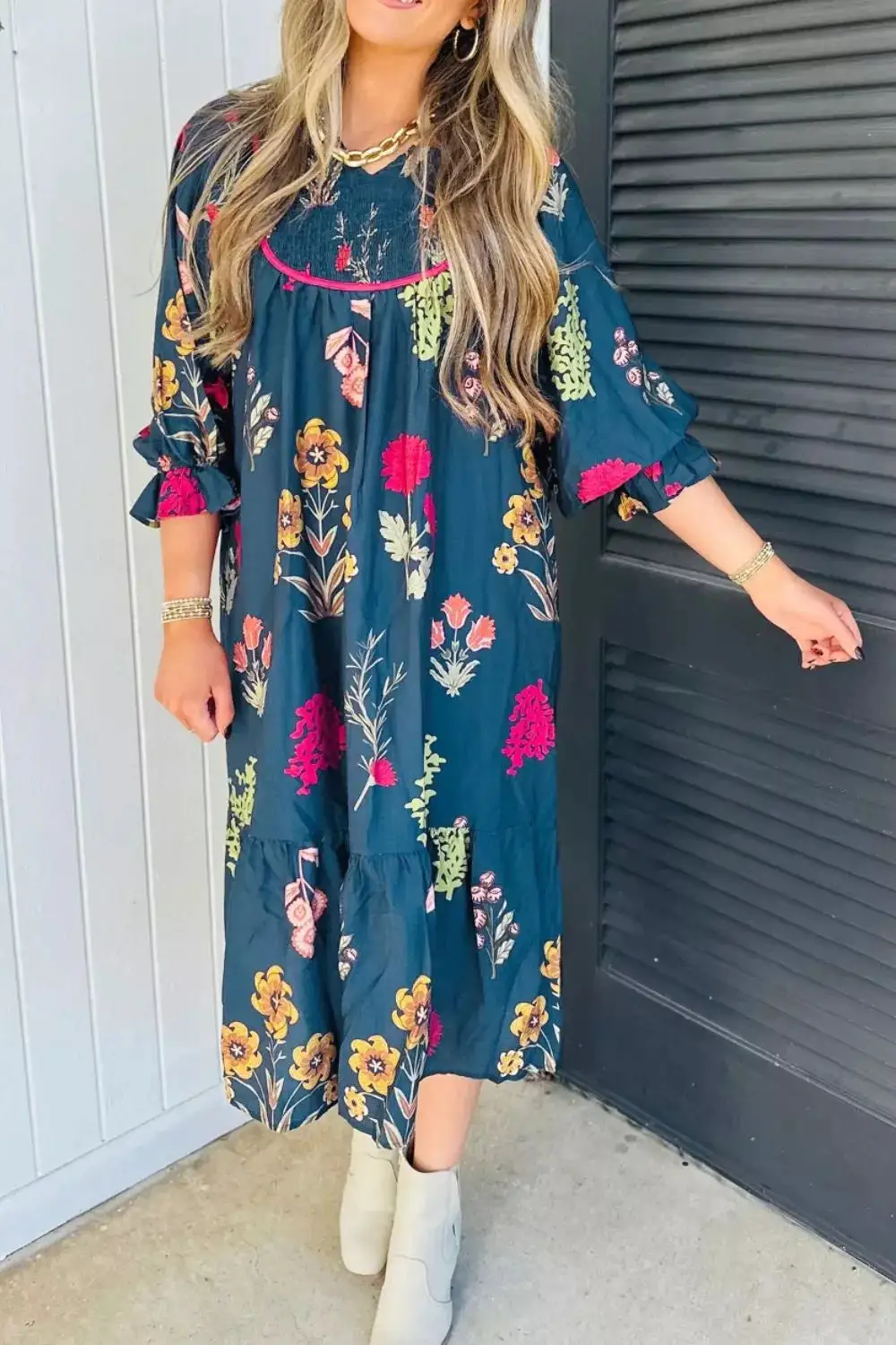 Gathered Neckline Sleeve Casual Midi Dress