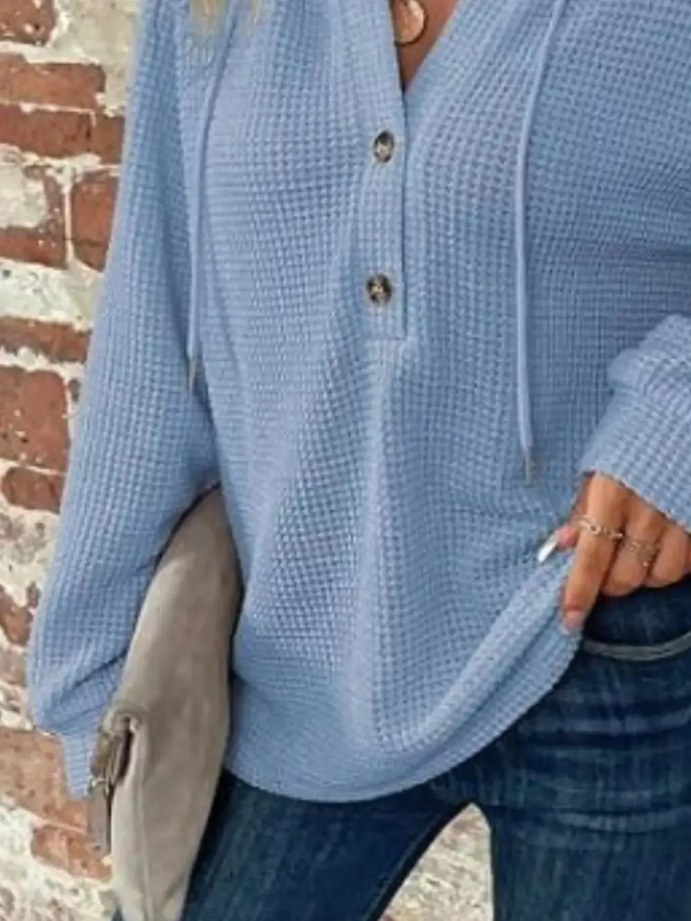 Drawstring Buttoned Pocketed Waffle-Textured Hoodie