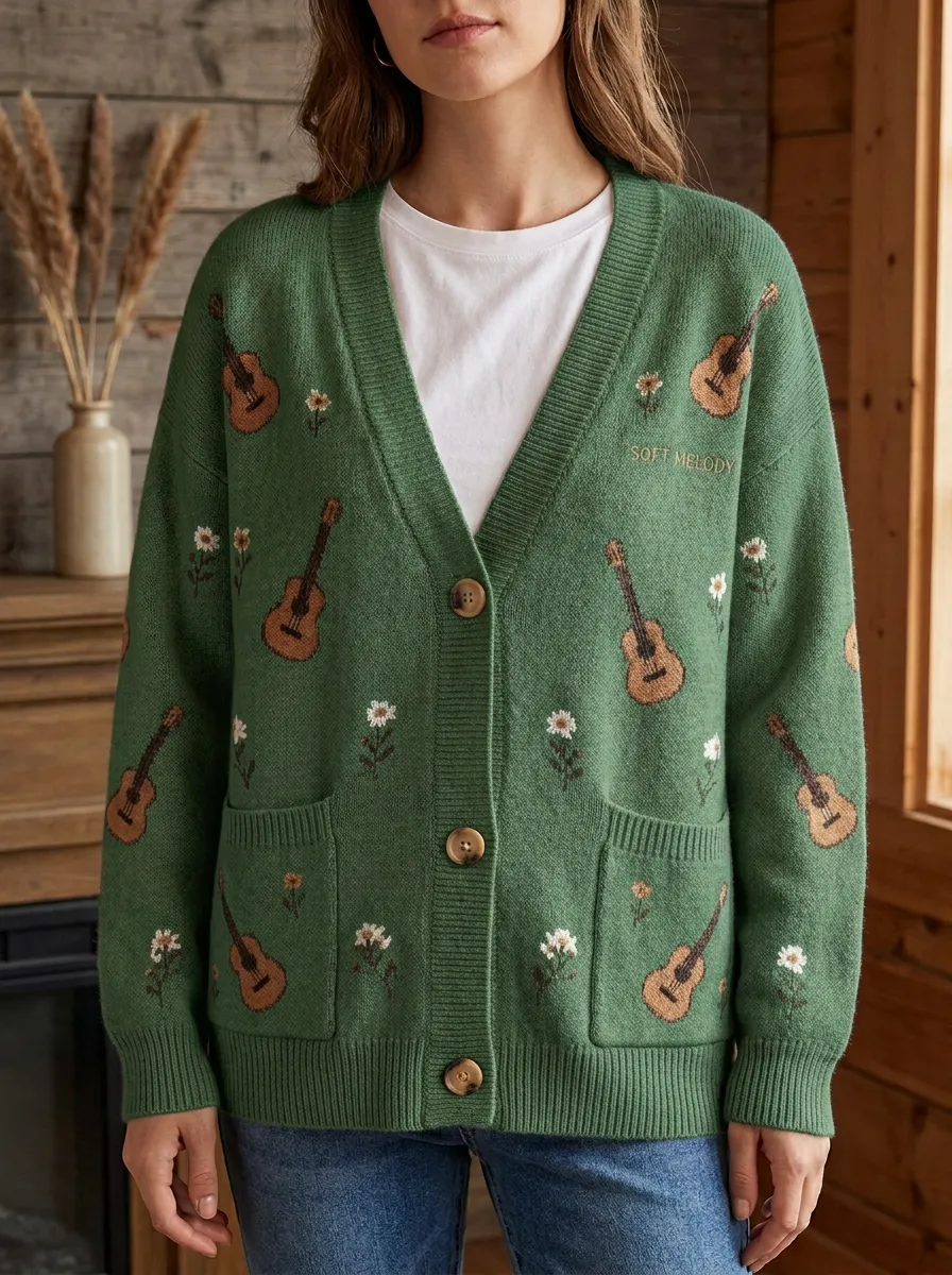 Rustic Western-Motif Women's Country Music Knit Cardigan