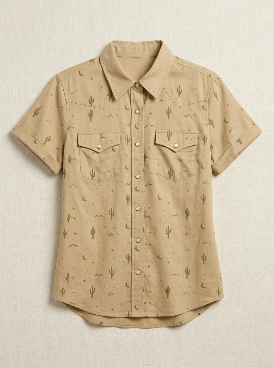 Women's Western Desert Cactus Moon Printed Short Sleeve Shirt