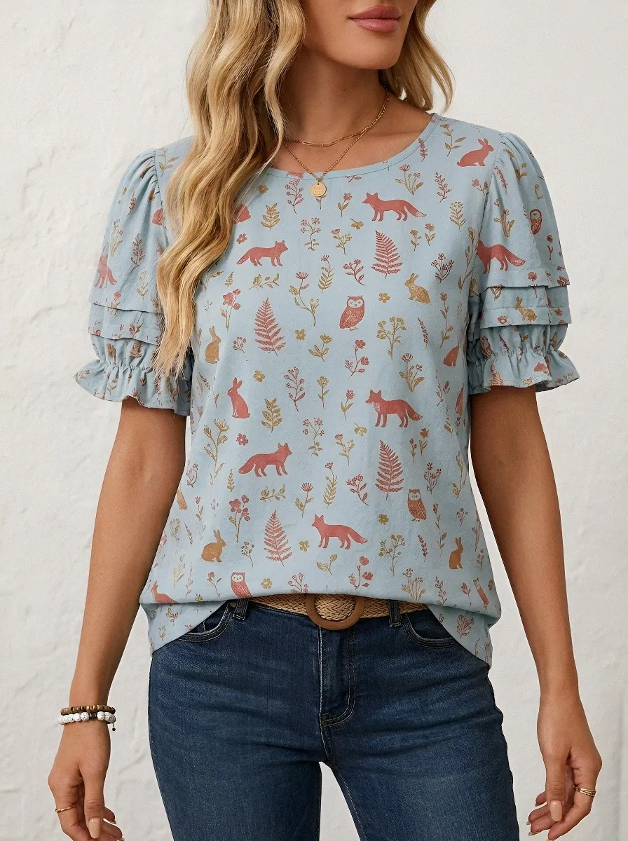 Fox Rabbit Woodland Women's Loose Printed T-Shirt