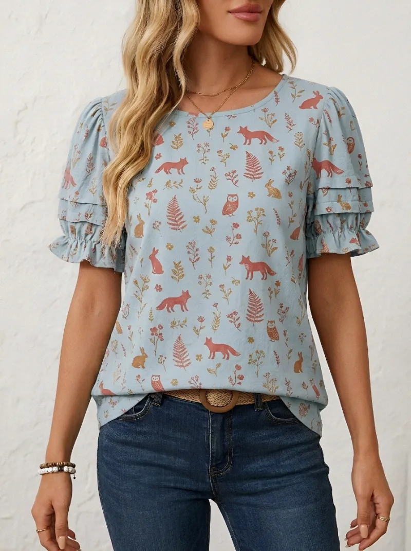 Fox Rabbit Woodland Women's Loose Printed T-Shirt