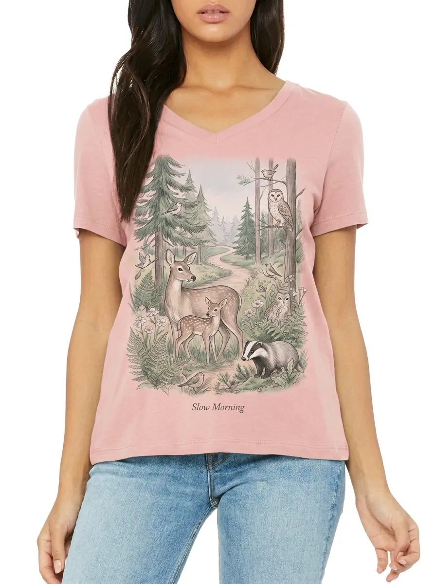 Women's Nature Lover Forest Animals Deer Owl Printed V-neck T-shirt